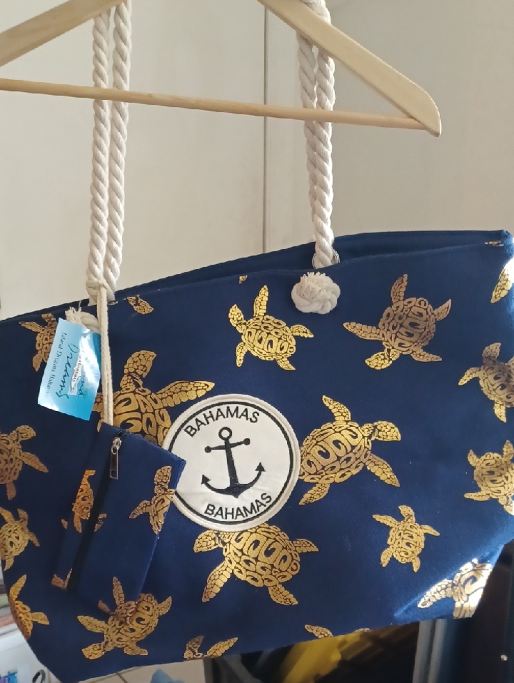 Navy Tote Bag with Gold Turtle Print